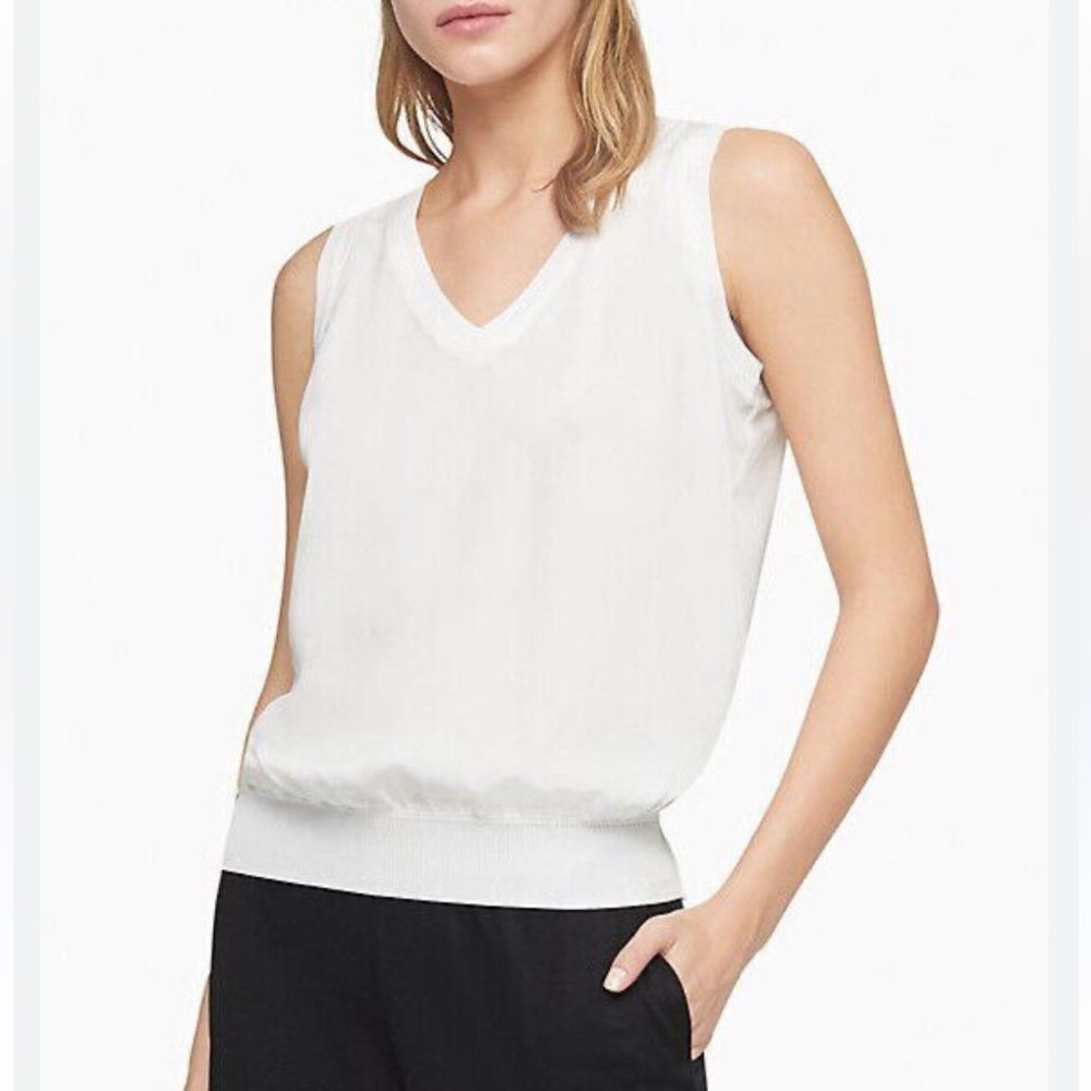 CALVIN KLEIN Cream Ribbed Knit V-Neck Sleeveless Top Ivory Size XS MSRP $60.00